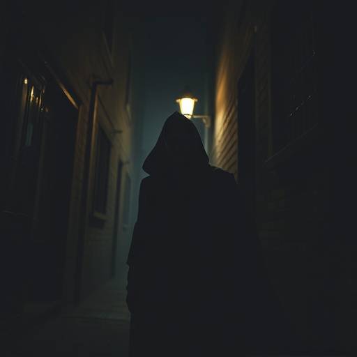 Imagem de um personagem misterioso em um beco escuro com ilumina&auml;&atilde;o dram&aacute;tica